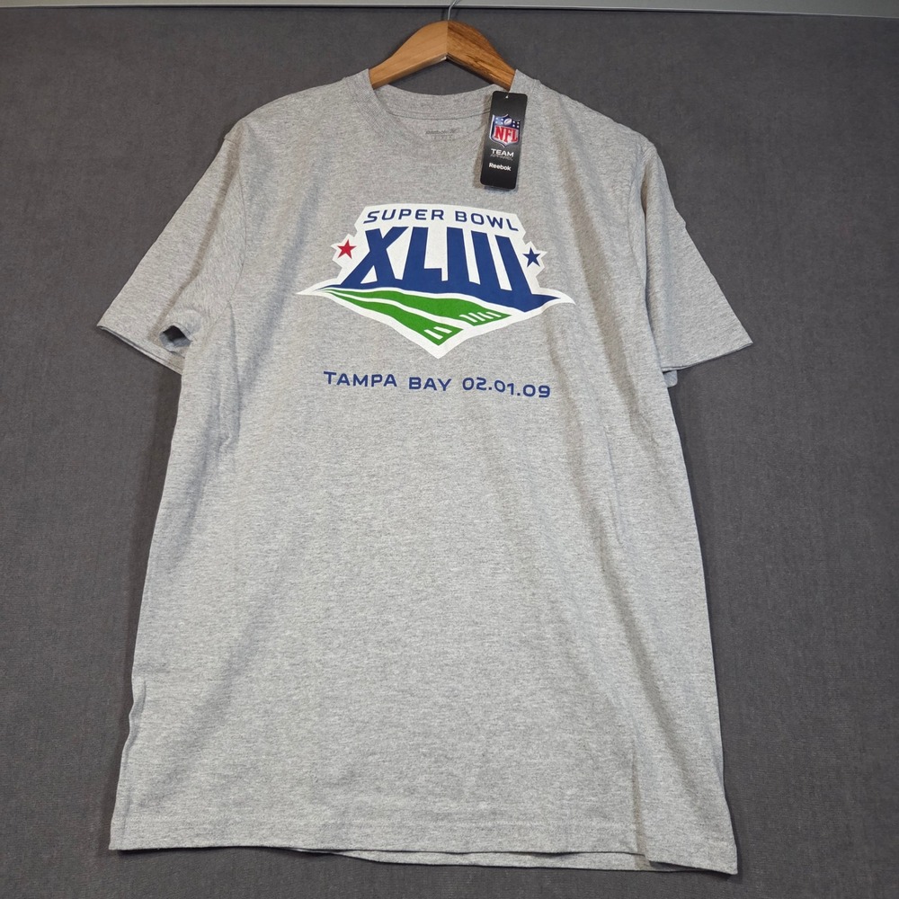 Reebok T-Shirt Mens Medium Gray Super Bowl XLIII Tampa Bay 2009 NFL Graphic Tee